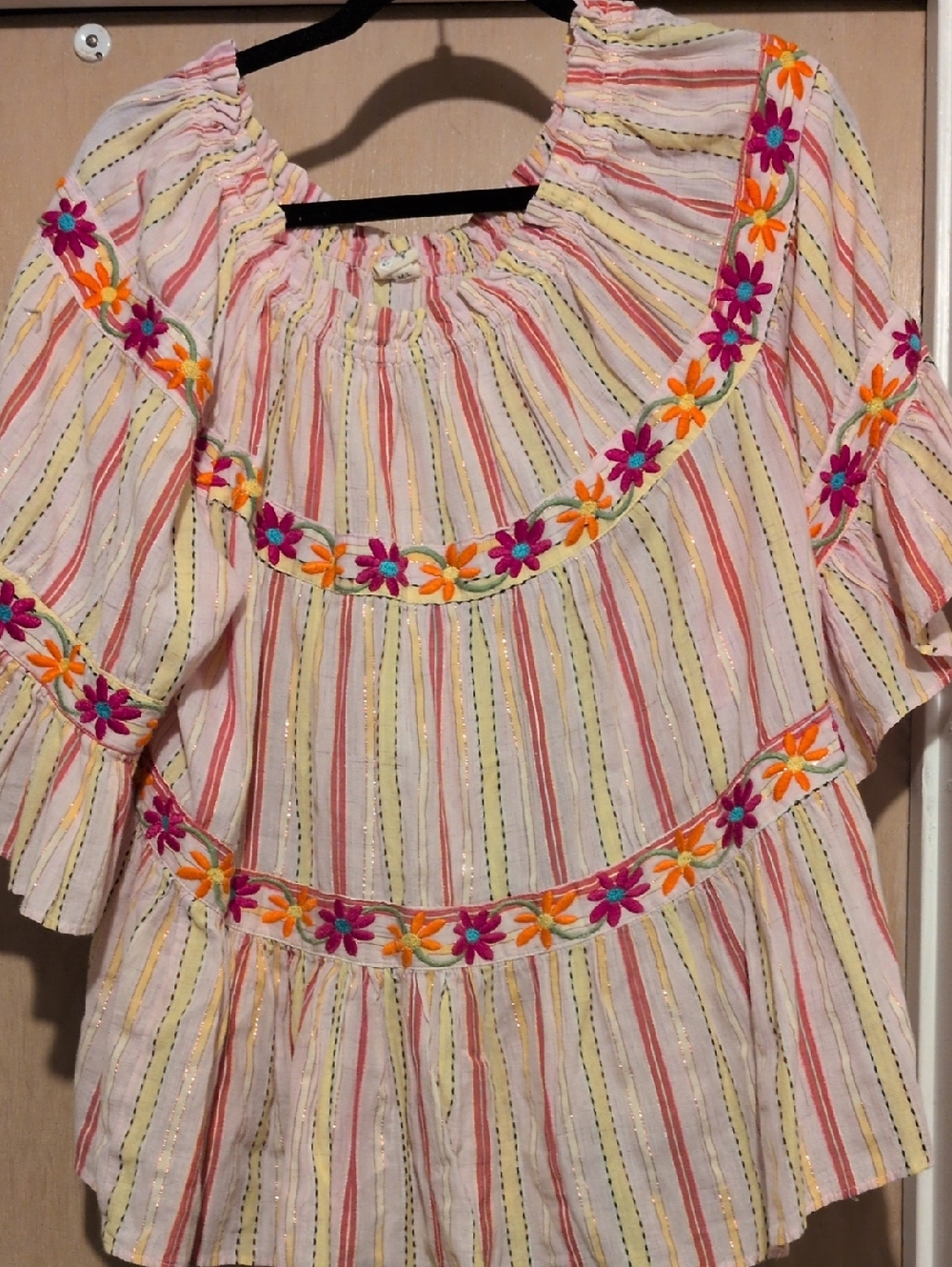 ivy jane Multicolor Striped Peasant Top with Pink & Orange Floral Trim